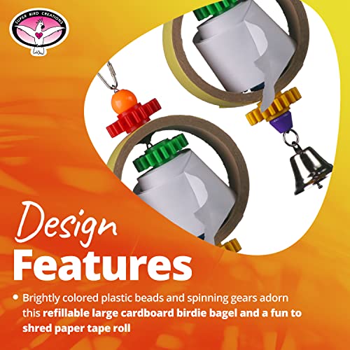 Super Bird Creations SB628 Tape Dispenser Bird Toy - Cardboard Bagel with Machine Paper, Chewable & Shredding Components, Sensory Bell, African Greys Parrots Small Cockatoos, Large Bird Size 14"x5"