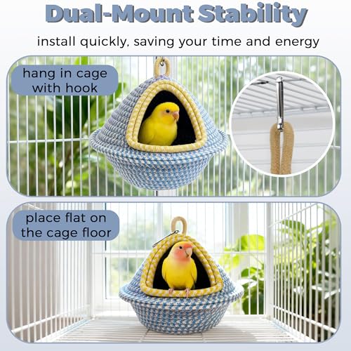 Natural Hand-Woven Cotton Bird Nest for Cage, Sturdy Cozy Parrot Bed | For 1-2 Parrots, Nest & Breeding House, Hanging Bird Hut for Budgie, Lovebird, Small Bird Sleeping Bed Hideout & Shelter