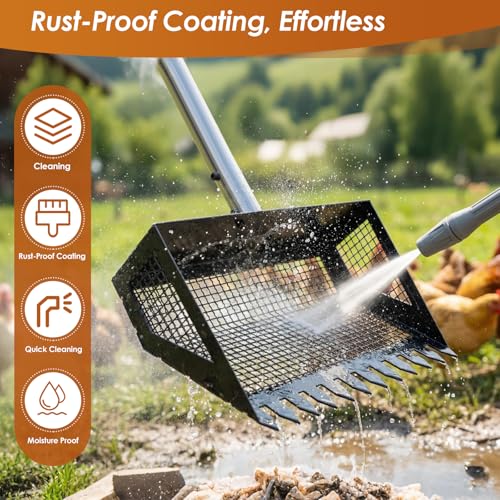 Biupky 10inch Chicken Poop Scooper & Rake, Chicken Litter Scoop with Handle for Chicken Coop & Pet Waste Cleaning for Chicken Coop, Goat Stall, Stable, Litter Sifting Shovel（24 to 63"