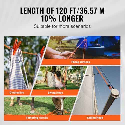 VEVOR Double Braided Polyester Rope, 3/8 in x 120 ft, 48 Strands, 4000 LBS Breaking Strength Outdoor Climbing Rope, Arborist Rigging Rope for Rock Hiking Camping Swing Rappelling Rescue, Orange/Black - size: 3/8 Inch x 120 FT, style: Polyester