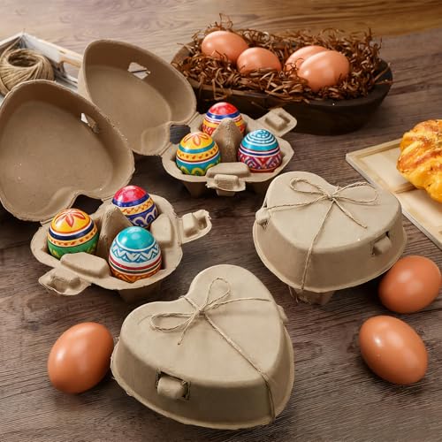 20Pcs Heart Shaped Eggs Cartons for Easter，3 Count Natural Paper Pulp Egg Tray with Jute Rope,Reusable Cardboard Holds 3 Eggs for Kitchen Holiday Gifts Market Farm