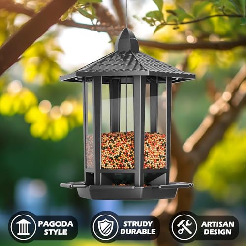 Birdream Hanging Bird Feeders, Retro Pagoda Design Fun Installation Squirrel Proof Bird Feeders, Attracting Wild Birds Chickadees Goldfinches Cardinals Finches and Sparrows - Black - color: Black, size: 1 PACK