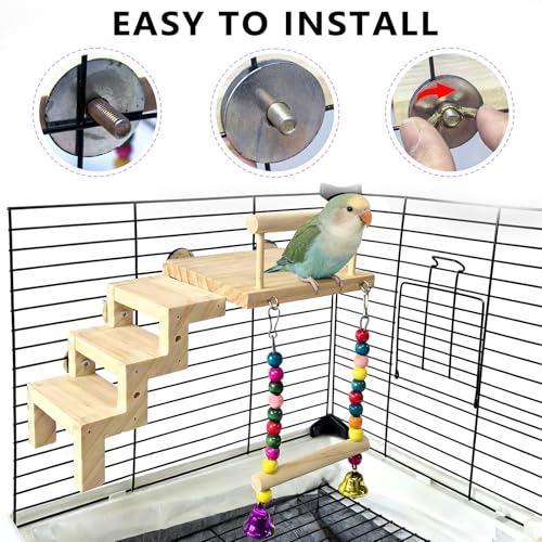Bird Perch Platform with Ladder & Swing,Parrot Wooden Play Gym Cage Toys | Bird Wood Playing Exercise Stands Perches,Parakeet Climbing Ladder Playground Cage Accessories for Cockatiel Budgie Lovebird - size: Bird Perch Platform with Ladder Swing