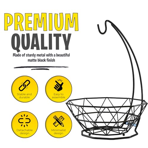 Fruit Basket with Banana Hanger, Fruit Bowl with Banana Holder, Fruit Bowl for Kitchen Counter used as Bread Basket, Vegetable Basket, Fruit Stand or Egg Holder with Bananatree - size: 1-Tier