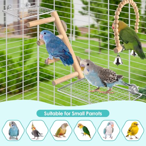 DBNESS 4Pcs Bird Perches Toys, Stainless Steel Perch Platform (2 Sizes), Natural Wood Parrot Climbing Ladder & Swing with Bell, Play Gym Cage Accessories for Budgie Cockatiel Lovebird Canary Conure