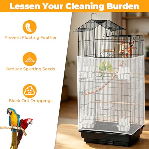 Large Bird Cage Seed Catcher Universal Bird Cages Net Cover | 31" x 118" Adjustable Nylon Mesh Skirt with Elastic Band for Parrot & Parakeet Cage (Not Include Birdcage) - White