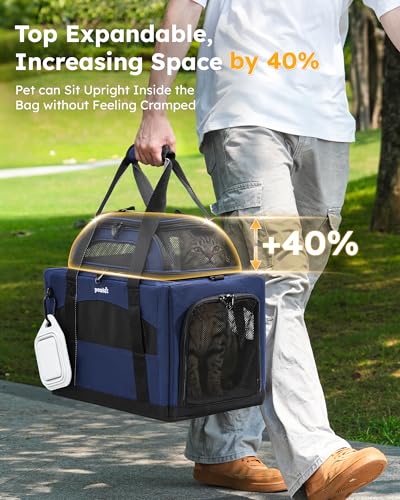 Pecute Cat Carrier, Top Expandable Dog Crate for Travel, Blue | 5mm Anti-Collapse Steel Frame, Soft Mesh, Vet Visits, Foldable Travel Crate,Outdoor Hammock, Leakproof Pee Pad & Bowl - color: Blue