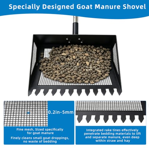 Goat Pooper Scooper & Manure Rake, Heavy Duty Metal Sifter Shovel with Adjustable Long Handle, Specially Designed for Goat Stall Cleaning, Farm Livestock Waste Pickup Tool with Gloves (40–71")
