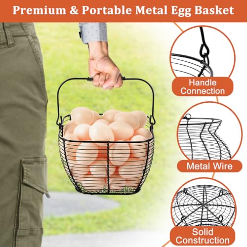 2 PCS 7" Black Wire Egg Baskets With Handle Kitchen Countertop Egg Holder | Small Metal Collecting Basket for Gathering Fresh Eggs, Chicken and Duck Eggs Hunting Basket & Counter Storage Basket - color: Black