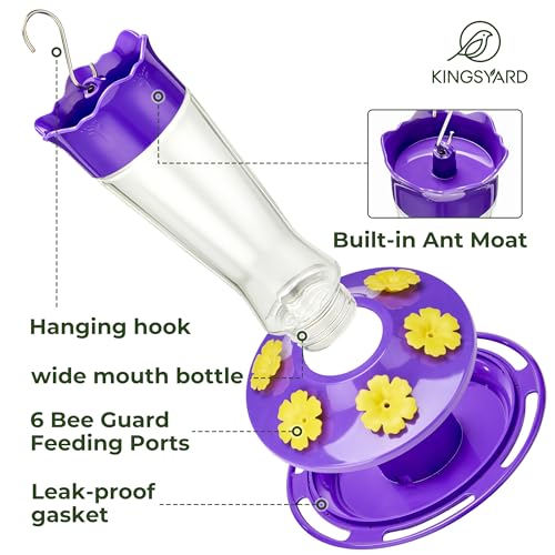 Kingsyard Glass Hummingbird Feeder for Outdoors Hanging, 14 oz Leak-Proof Humming Bird Feeders with Ant Moat & Bee Proof Feeding Ports, Hummingbird Gift for Bird Lovers (Updated Purple) - color: Light Purple