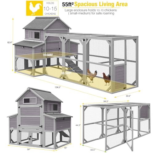 Aivituvin Large Chicken Coop 137" L Hen House Duck Cage for 10-15 Chickens 55ft² with Spacious Run, 6 Nesting Box, 6 Raised Perches - size: 137.0"L x 63.0"W x 62.0"H