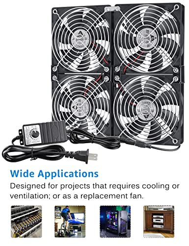 GDSTIME 4X 120mm Fans with Variable Speed Controller 100V-240V AC Powered | 2x2 & 1x4 Installable, Computer Fan with AC Plug, for GPU Mining Rig, Server Rack, DIY Cooling Ventilation Exhaust Projects - size: 4x 120mm fan
