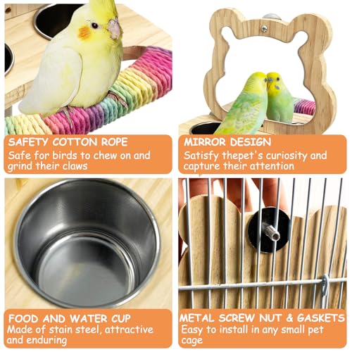 Tfwadmx Bird Parrot Wooden Feeding Cups Small Bird Feeding Dish Cups Stainless Steel Birds Bowls Food Water Bowls with Food Holder for Finches Cockatiel Lovebirds