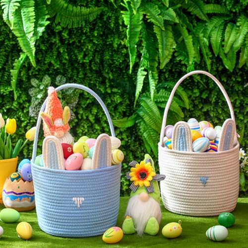 Colingmill 2 Pieces Easter Bunny Basket with Handle Woven Empty Rabbit Basket for Easter Egg Hunt Cute Candy Gifts Storage Party Favors Supplies(White, Blue) - color: White, Blue