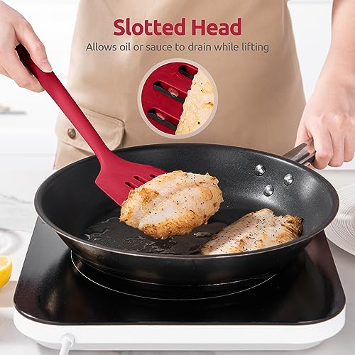 U-Taste Silicone Turner Spatula Set of 2, 13.6" Long/3.7" Wide, Red | 600ºF Heat Resistant Food Grade Silicone Cooking Utensils Set, Wide Large Solid & Slotted Turner Pancake Egg Flipper - color: Rose Red