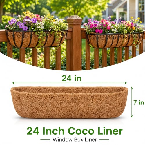 HFHOME Coco Liners for Planters, 24 Inch Natural Coconut Coir Fiber Window Box Liners, Wall Hanging Basket and Flower Box, Trough Coco Planter for Garden Fence, 2 Pack - size: 24 2P HALF