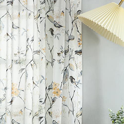 Botanical Birds Print Sheer Curtains, 52 x 96, Grey, 1 Panel, Gray | Soft Smooth Feel, Airy Window Drapes, Nature Inspired Design, for Living Room and Dining Room Windows - color: Grey-sheer, size: 52"W x 96"L (Pack of 1)