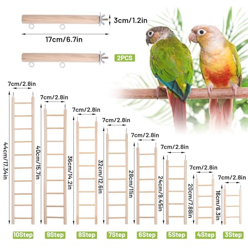 10 Pcs Wood Step Ladder for Bird, 3-10 Step Hanging Bird Ladder Parrot Cage Climbing Toy & Cylindrical Support for Parakeets, Cockatiels, Conures, Lovebirds