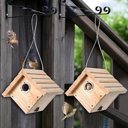Dreyoo 1 Pack Wren House, 1-1/8'' Entrance Hole Hanging Wooden Wren Bird Houses for Outside with Metal Guard, Air Vents, Pine Wood for Chickadees (Wood) - color: Wood