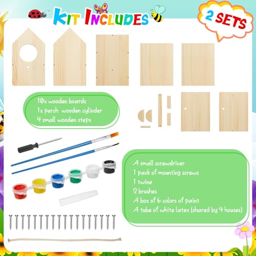 Liliful 2 Pack Wooden Birdhouse Kit for Kids and Adults, DIY Painting Set & Real Outdoor Birdhouse, Durable Craft for Garden, Classroom, Birthday Gifts Ages 3-5 4-8 8-12