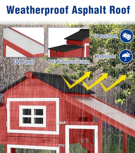 Chicken Coop with Run and Wheels Outdoor Poultry Hen House with Slide-Out Tray Chicken Cage Weatherproof Roof Predator-Proof for Backyard Red - color: 72.3"L Red & White