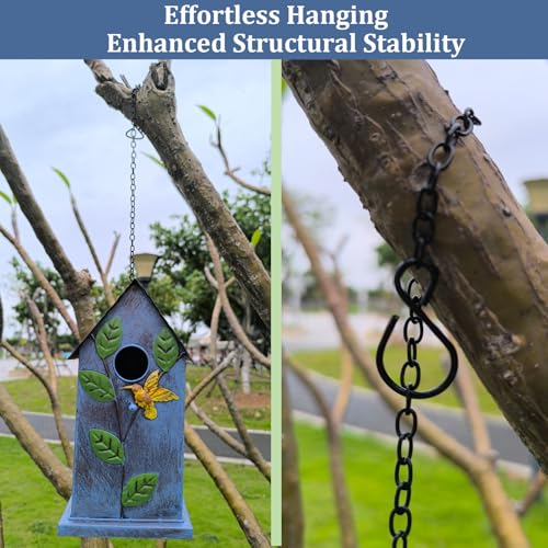 Metal Bird House for Outside - Elegant & Durable Hanging Birdhouse with Rustic Brown Roof & Vibrant Blue Design - Includes S-Hook for Easy Hanging (23.46in Tall)