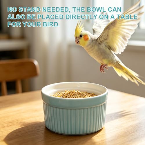 Ceramic Bird Cage Bowl with Stainless Steel Rack Holder, Hanging Anti-Tip Feeding Cup, Secure Mount Food & Water Dish for Parrots, Cockatiels, Parakeets, Small to Medium Pet Birds