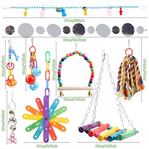 QUOZUO 9 Pcs Parakeet Cockatiel Bird Toys, Parrots Cage Accessories Swing Rope Hanging Wooden Perch Chewing Toy for Budgerigar, Parrot, Cockatiel