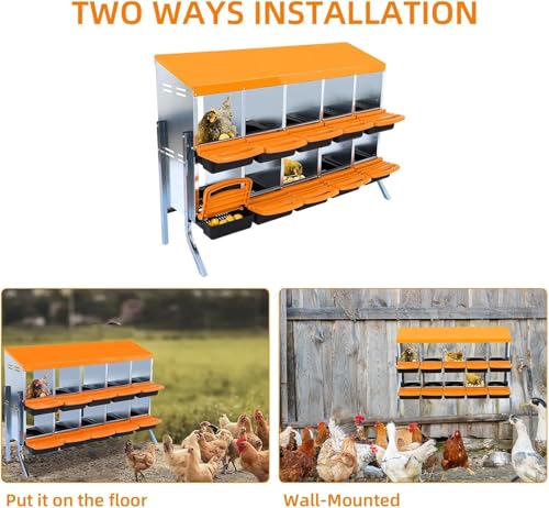 10-Hole Chicken Nesting Box with Removable Lid, Metal Chicken Coops with Roll Away Design/Easy Egg Collection/Ventilation Holes, for Chickens Coops, Duck and Hens - color: Orange, size: 10 holes with legs