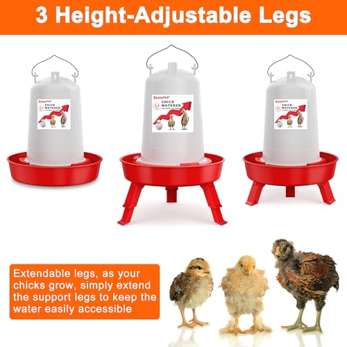2-in-1 Chick Starter Set: 0.3 Gal Feeder & 0.4 Gal Waterer Red | Chick Feeder and Waterer with Adjustable legs, Anti-drowning, Anti-tip and Hanging Hooks Design for Baby Chicks - color: Red