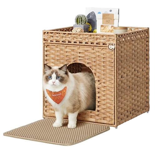 Feandrea Cat Litter Box Enclosure, Handwoven Rattan Hidden Furniture | Extra Mat, Removable Washable Tray, Boho Cat House, End Table, Goose Yellow UPCL024YE01 - color: Goose Yellow, size: S (20.7"L x 20.7"W x 22"H)