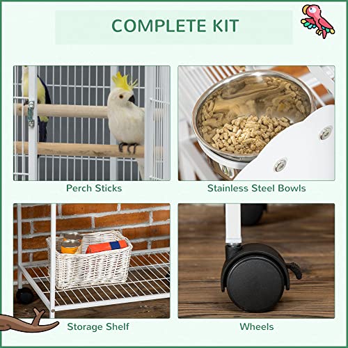 PawHut 55" Large Parrot Cage with Toy Hooks Above Top Bird Perch, Tray, Food Cups, Rolling Stand, Bird Cage for Cockatiels, Parakeets, Lovebirds | Above Top Bird Perch, Rolling Stand, for Cockatiels, Parakeets, Lovebirds