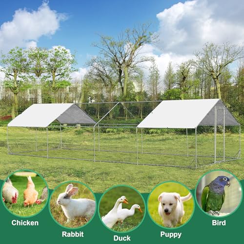 Large Metal Chicken Coop Round Top Upgrade Tri-Supporting Wire Mesh Chicken Run,Chicken Pen with Water-Resident and Anti-UV Cover,Duck Rabbit House Outdoor (26.2'L x 9'W x 6.5'H) - size: 314.4"L x 108.0"W x 78.0"H