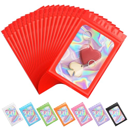 ANZNKU 100PCS Holographic Red Mylar Bags, Resealable Smell Proof 3x4.7 | with Clear Window, Small Business Jewelry Candy Treat Freebie Keychain Packaging, Sealable Plastic Zip Goodie Gift Baggies - color: Red, size: 3 x 4.7 Inch