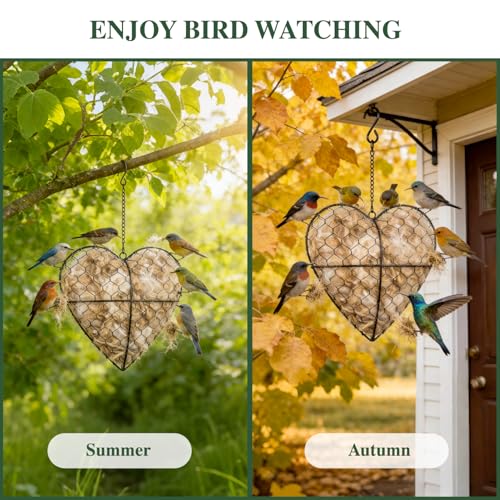 2 Pack Handmade Alpaca Fiber Bird Nesting Heart & Hanging Metal Mesh Bird Feeder Tray Kit - Outdoor Wild Bird Feeding & Nesting Kit for Garden, Patio, Backyard, Hummingbirds & Cardinals
