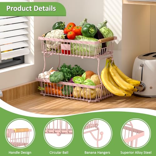 2 Tier Fruit Basket for Kitchen Counter with 2 Banana Hangers, Countertop Metal Fruit Bowl with Wooden Handle, Large Storage Stand for Vegetables, Snacks, Breads, Produce Storage – Pink - color: Pink, size: 2 Tier