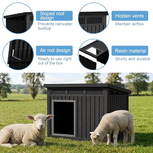DRATO Goat House, Weather Resistant Resin Dog Houses with Sloped Roof & Louvered Ventilation, Outdoor Small Animal Shelter for Goats and Pets, Easy Assemble, Black - color: Black, size: 32.2*25.12*24.13