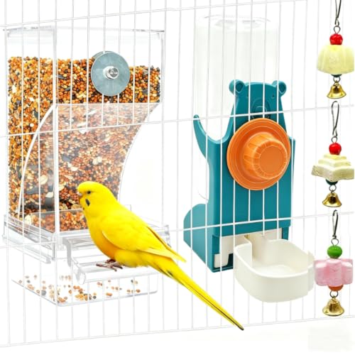 No Mess Bird Feeder Water Dispenser Automatic Parrot Feeder for Cage Bird Food Container Feeding Station Cage Accessories for Cockatiel Cockatoo Canary Lovebirds - color: Blue+Transparent, size: 2Pcs
