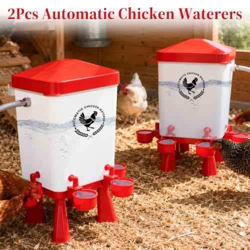 2 Pack 3 Gallon Automatic Chicken Waterer with Float Valve, Poultry Waterer with 10 Chicken Water Cups, 5 FT Water Pipe, Chicken Water Feeder for Coop, Ducks, Hens, Farm, Backyard(Red) - color: Red, size: Auto-2pcs