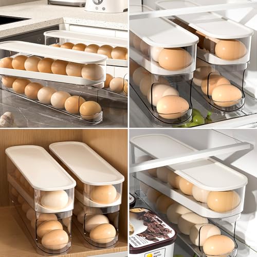 ROWPOZ 2026 New Egg Holder for Fridge, Egg Organizer for Refrigerator Automatic Scrolling Eggs Rack Holder Rolling Dispenser Stackable Container and Storage for Refrigerator with Lid