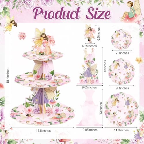 3 Tier Fairy Party Decoration Fairy Cupcake Stand Decoration Floral Cupcake Tower Woodland Garden Theme Cake Holder Table Display for Tea Birthday Party Supplies - style: Fairy