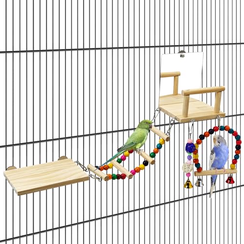 BNOSDM Bird Perch Platform with Mirror, Wooden Climbing Ladder for Parakeet, Small Bird Swing Toys with Hanging Chewing Balls Parrot Cage Accessories Budgie Playground for Cockatiel, Lovebird, Conure - color: 6in1 Bird Perch Platform