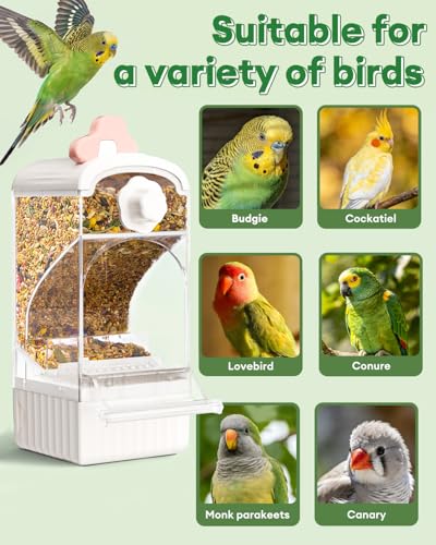 Bucatstate No Mess Bird Feeder, Auto Dispenser, Dual Filter & Waste Drawer | External Hanging, Fits 4.7"x3.3" Side Opening, for Parakeet Cockatiel Budgie Canary,for Square Cages
