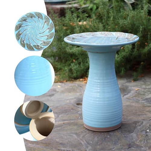 LuxenHome 20" Ceramic Bird Bath for Outside, Sky Blue Outdoor Bird Bath | Lightweight Pedestal Glazed Birdbaths for Outdoors with Leaf Pattern Design, Elegant Tall Outdoor Birdbath - color: Sky Blue