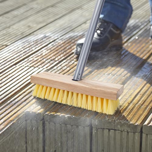 Floor Scrubber Brush with Long Handle for Deck Cleaning, 52'' Stiff Bristle Scrub Broom for Shower, Bathroom, Boat, Concrete, Carpet, Garage - color: Yellow