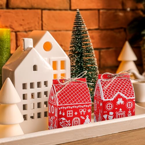Zhanmai 48 Pcs Christmas Treat Boxes Candy Red Village Vintage Mini Gingerbread House Favor Box Christmas Party Paperboard Gift Boxes for Xmas Holiday Party Treat Cookie Goodie Snack Gift Packaging - style: Red Christmas
