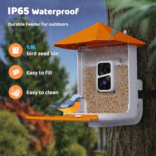 Smart Bird Feeder with Camera, 2K HD, AI Bird ID, Solar Powered | Auto-captures backyard visitors, sends real-time alerts, stores clips on 64GB card and includes DIY add-ons for bird lovers