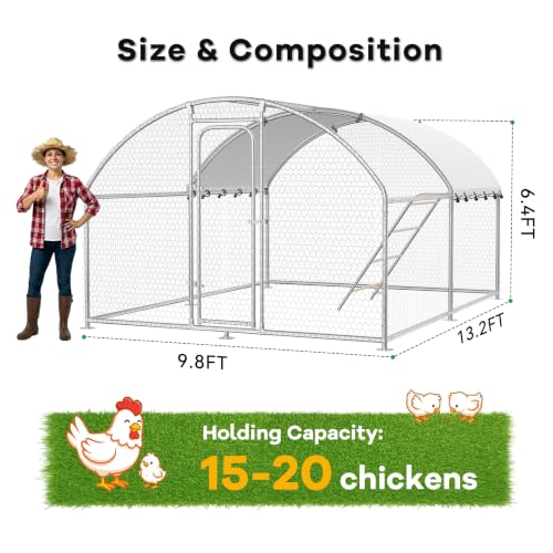 Large Metal Chicken Run for Yard with Cover, Heavy-Duty Chicken Coop Pen | 13.2 x 9.8 x 6.4 FT Outdoor Walk-in Chicken Run Enclosure for 10-20 Chickens, Outdoor Duck House & Rabbit Cage - size: 157.5"L x 118.1"W x 78.0"H