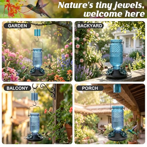 Glass Hummingbird Feeder for Outdoors Hanging, 16 oz Leak-Proof Nectar Feeder with Bee Guards & Ant Moat, 4 Metal Flower Feeding Ports, 360° Perch Ring, Easy Refill & Clean, Blue - color: Blue