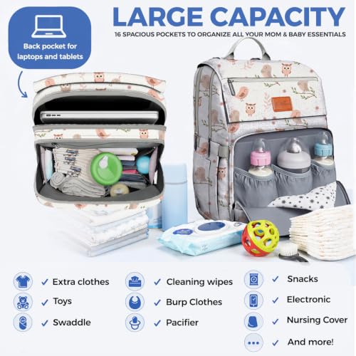 Baby Diaper Bag Backpack - Large Bag for Boys & Girls, Waterproof Diaper Backpack - Travel Diaper Bags w/Changing Pad, Baby Registry Search & Shower Gifts - Essentials Must Haves Newborn Stuff - color: N. Baby Birds, style: Classic
